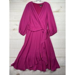 Jessica Howard Dress 16 Hot Pink Faux Wrap Ruffle Long Slv Belted Lined Boho